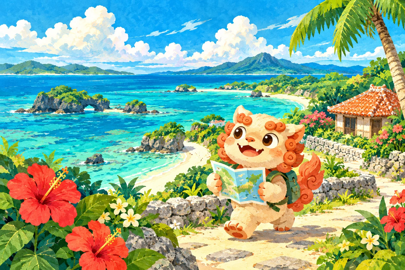 地図を手に、沖縄の海辺を歩くオリジナルのシーサー、しーまる。実在施設を描いたものではないイメージイラスト。